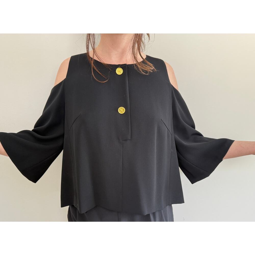 EDWARD ACHOUR‎ PARIS LARGE BLACK TOP, GOLD BUTTONS - Size MED - Tie Back Keyhole